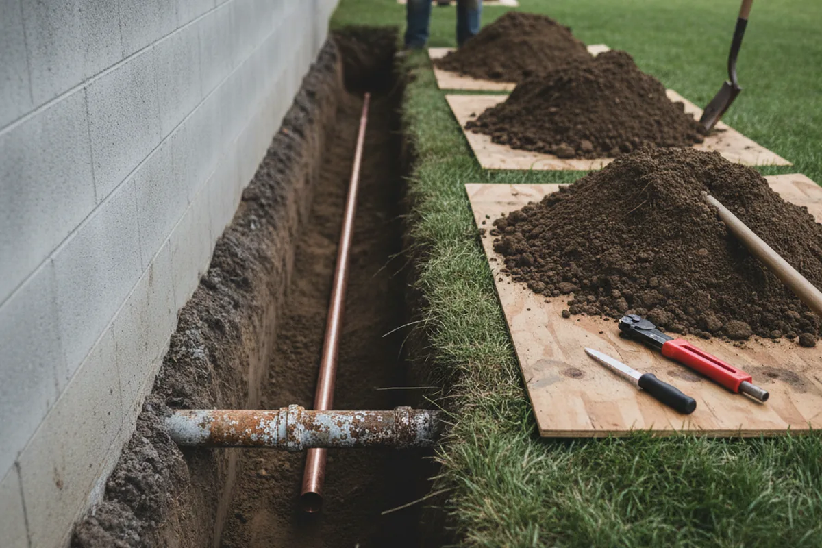 Excavated water line trench during Sewer Line Repair in West Park